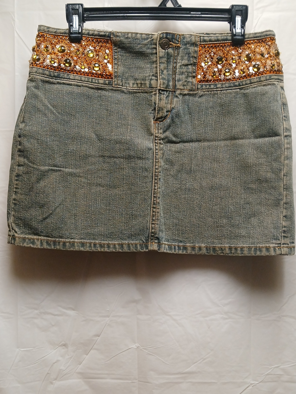 Express Denim Mini Skirt with Gold Sequin Accent